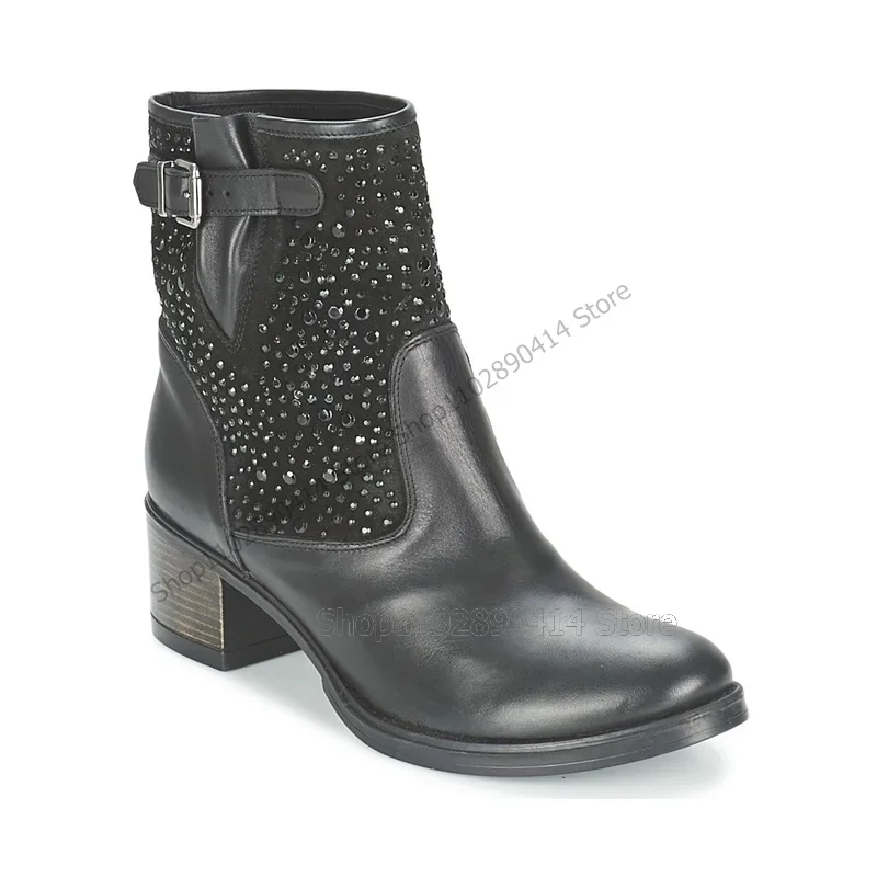 

Black Rhinestone Buckle Decor Chunky Heels Boots Fashion Slip On Men Boots Luxurious Handmade Party Feast Office Men Dress Shoes