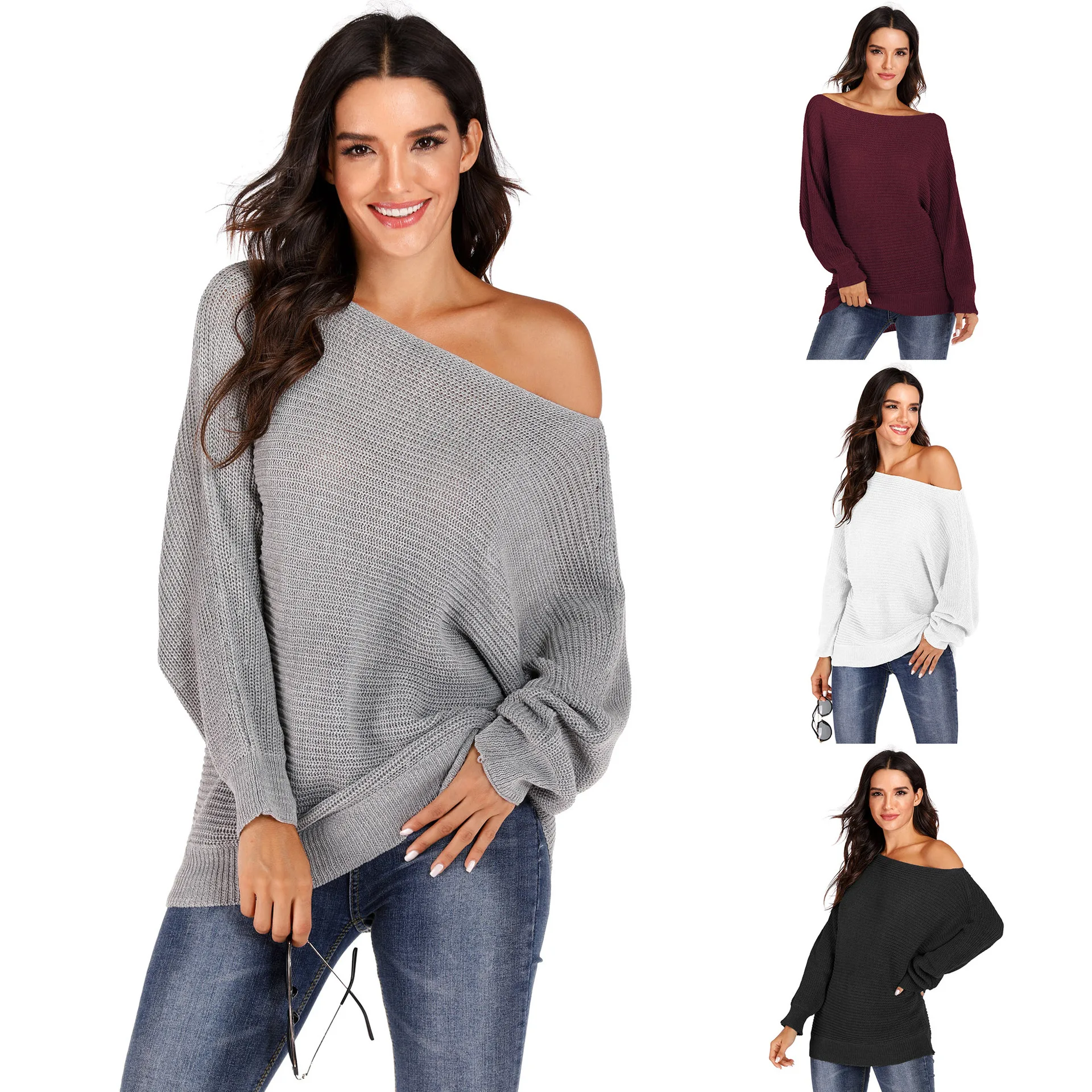 

Женский пуловер с открытыми плечами, свитер с нерегулярными рукавами «летучая мышь», свободная тканая осенне-зимняя мода 190712