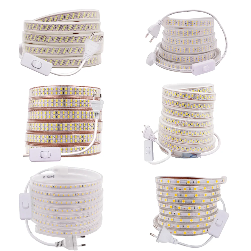 220V LED Strip Light with Switch SMD 5730 2835 5050 Flexible Led Tape 180/240Leds/m Outdoor Waterproof LED lightening EU Plug