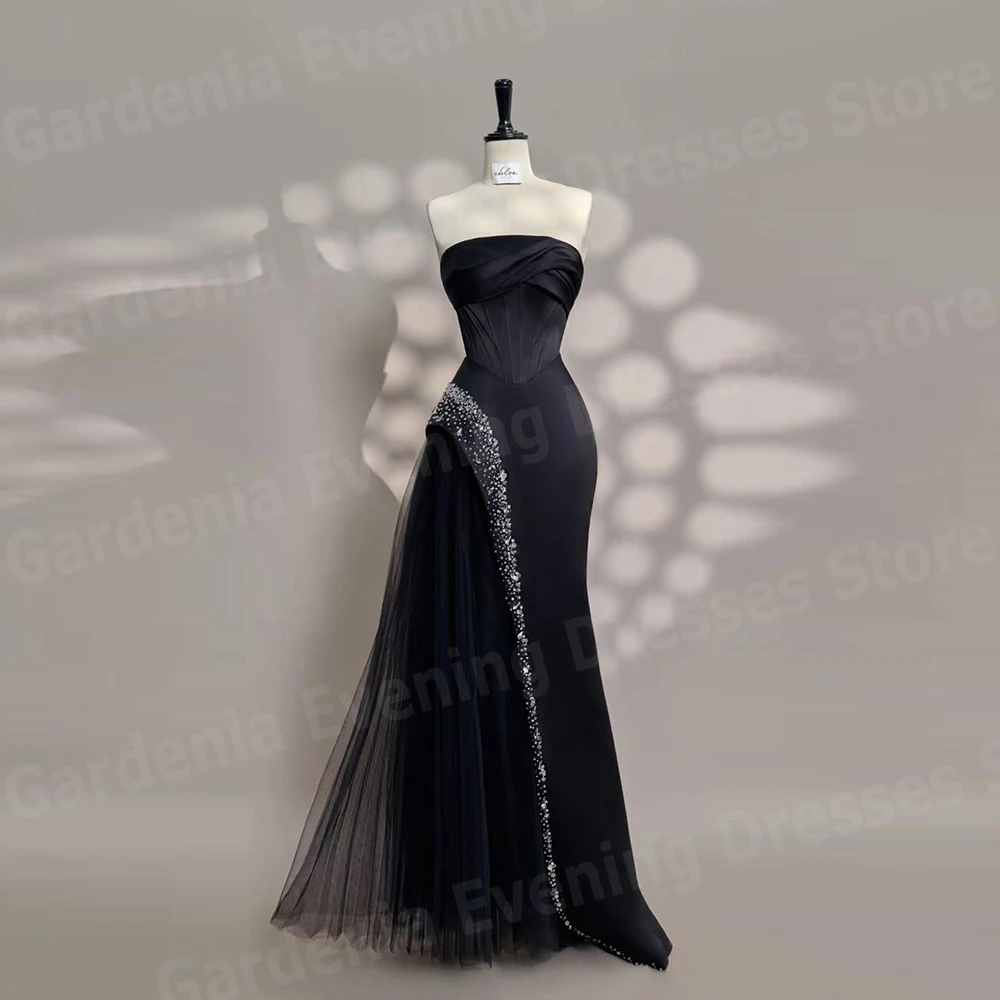 

2025 Black Mermaid Women's Evening Dresses Strapless Prom Gowns Sleeveless Backless Customized Beading Party Vestido De Noche