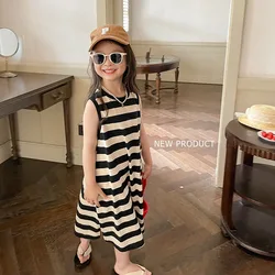 Fashion Stiped Girls Dress Korea Girls Casual Sleeveless Dress Summer Kids Casual Dresses