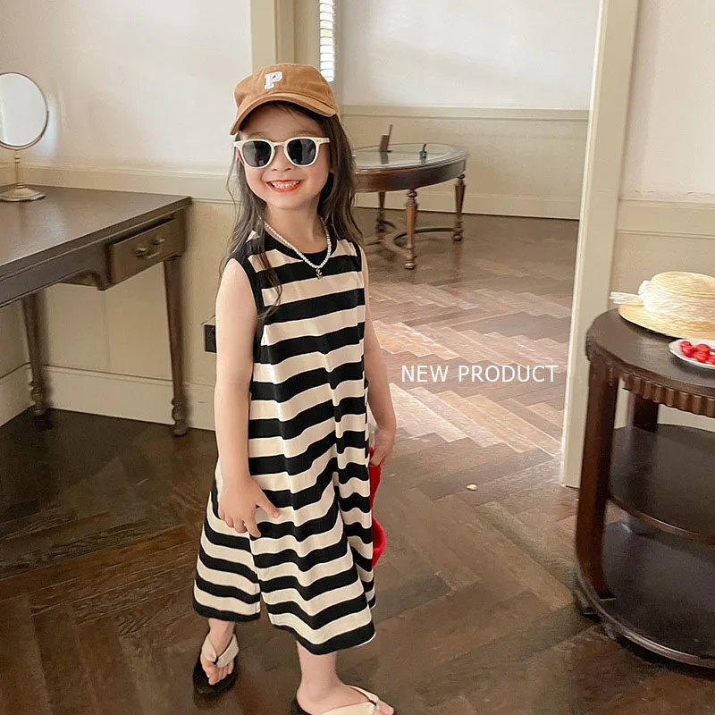 Fashion Stiped Girls Dress Korea Girls Casual Sleeveless Dress Summer Kids Casual Dresses