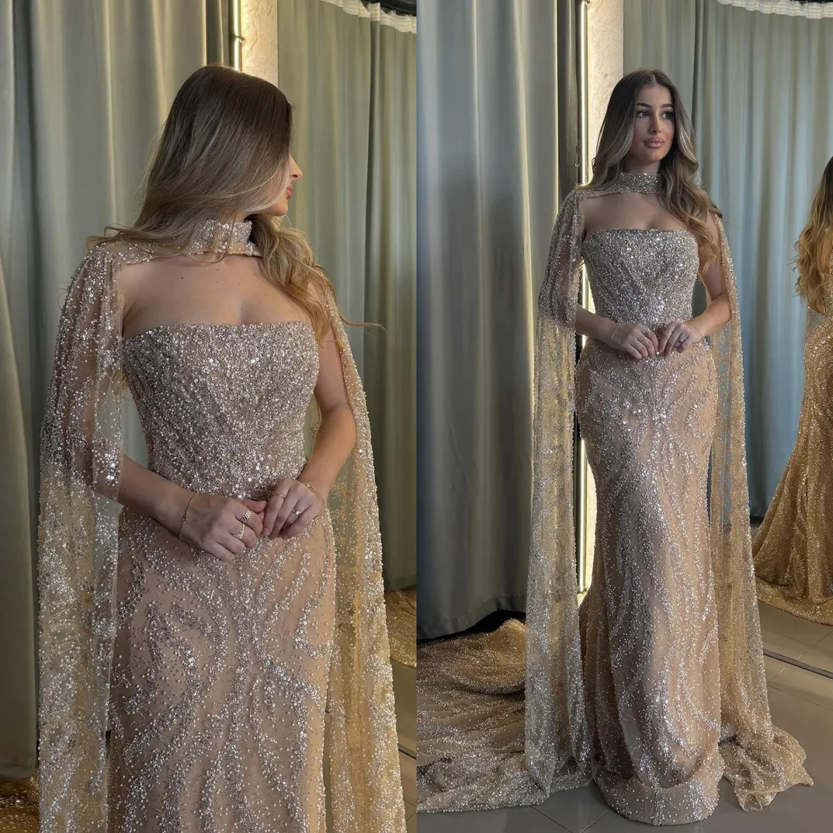 

Glamorous Beaded Mermaid Evening Dresses Sweep Train With Cape Prom Gowns Formal Occasion Party Customized