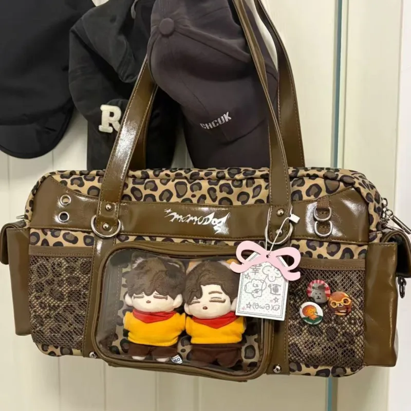

New Leopard Print Y2k Shoulder Itabag Large Capacity Pain Tote Bags Multipockets Versatile Handbags Japanese Crossbody Bag Girls