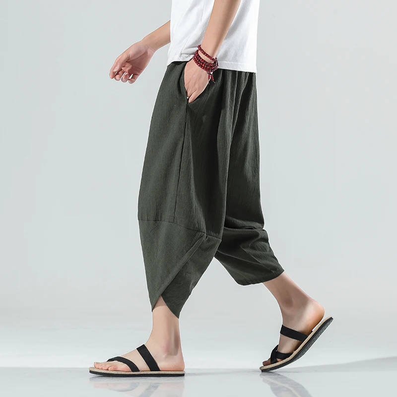 2023 Summer Harajuku Calf Length Casual Men\'s Pants Wide Leg Cotton Linen Harem Baggy Pants Fashion Men\'s Clothing