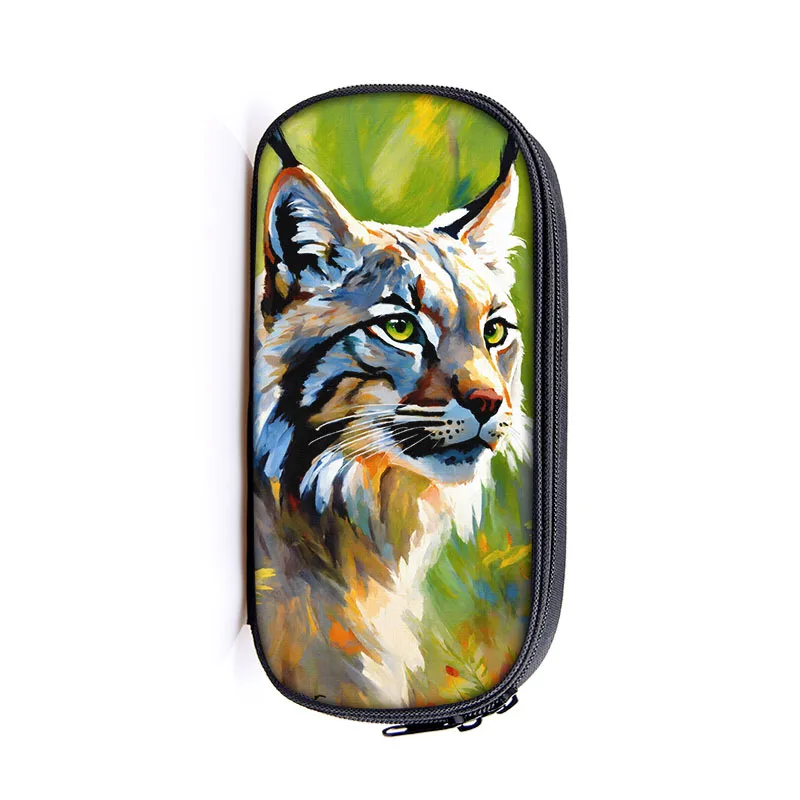 Colorful Bobcat Cosmetic Cases Wild Lynx Cat Painting Pencil Bag Storage Bags Zipper Pouch Pencil Box Student School Supplies