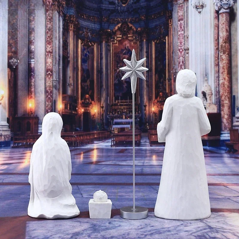 

22CM White Resin Christmas Night Scene Decor Handcrafted Nativity Figurine Holiday Gift Classical Night Scene