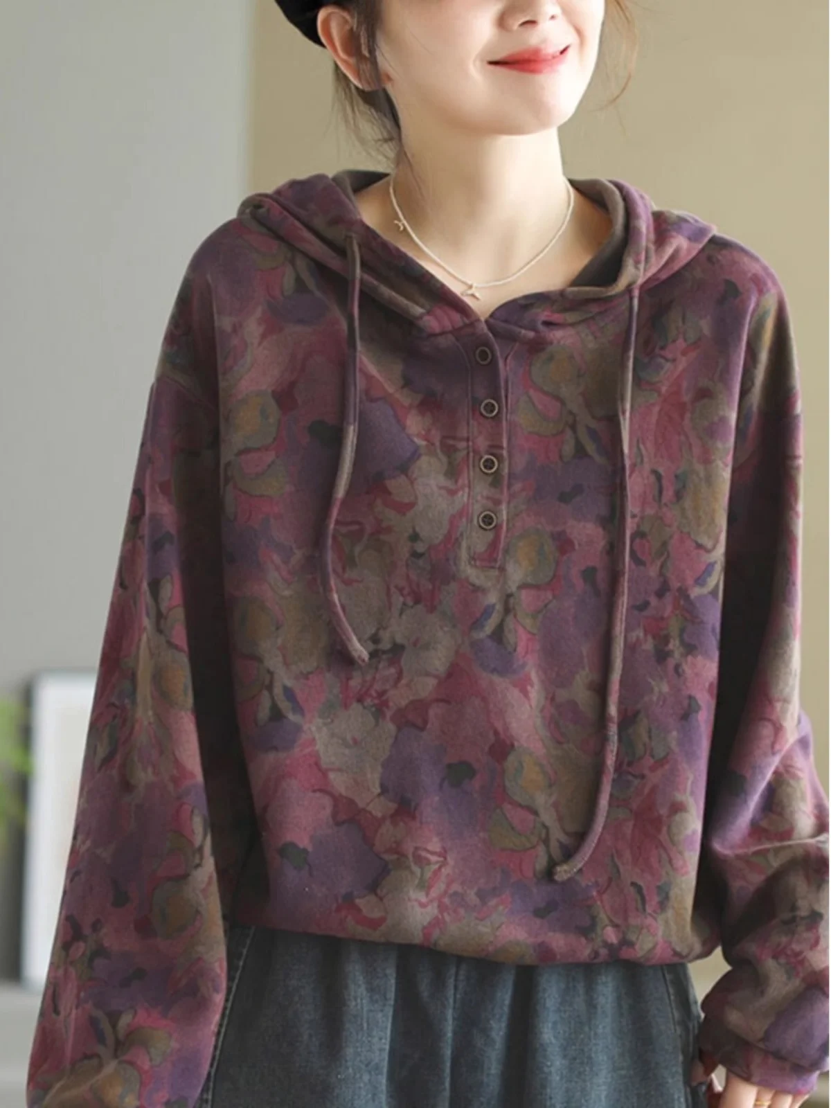 Felpa Dstring con cappuccio con stampa retrò ort Jaet Donna Autunno Inverno Base dimagrante irt Pendolarismo Versatile Top Trendy