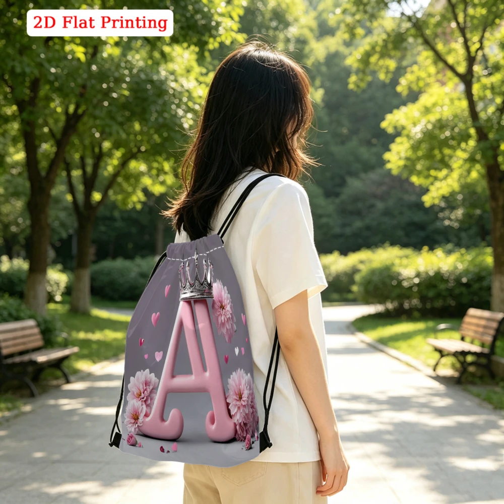 Fashionable Drawstring Backpack, 2D Flat Printing Letter A Floral Pattern, Gym Sports Bag, Outdoor Travel Cinch Sack
