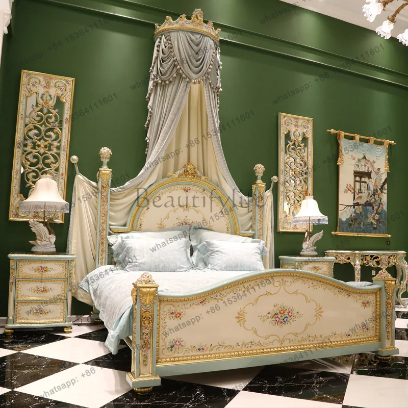

French princess style fresh romantic solid wood painted corolla bed dresser bedside stool furniture