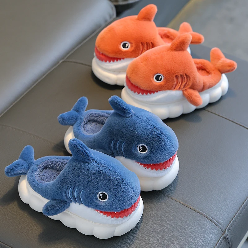 New Winter Cute Cartoon Shark Shaped Cotton Slippers Children\'s Non-slip Soft For Kids Girls And Boys Baby Warm Plush Home Shoes