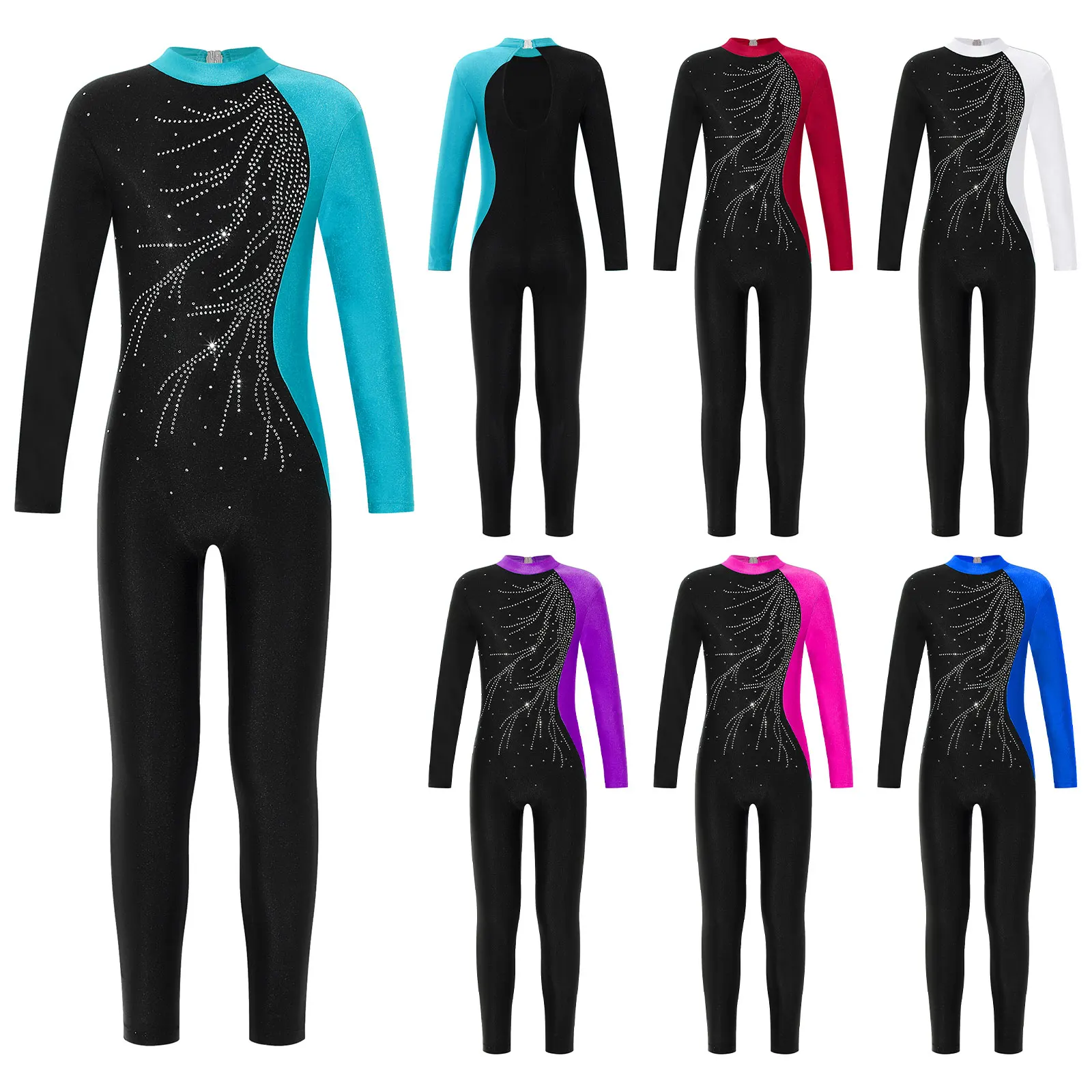 Kids Girls Ballet Dance Jumpsuit Long Sleeve Shiny Rhinestone Gymnastics Workout Dance Bodysuit Romper for Stage Performance