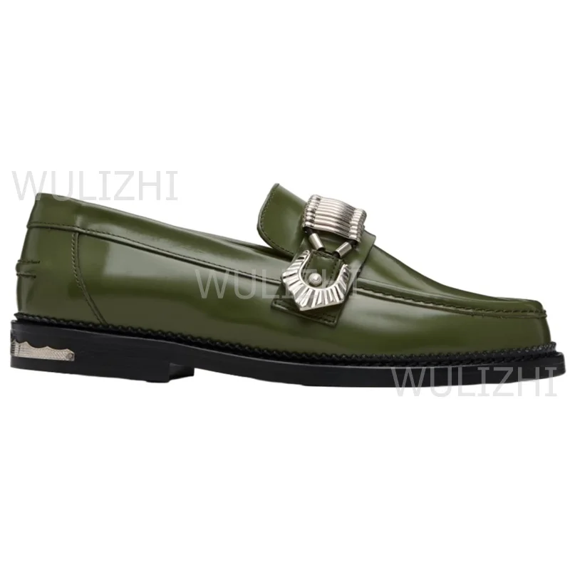 Oxford piatte con suola nera in pelle verde Pelle nera Scarpe da festa da lavoro casual con design a strisce con perline metalliche argento
