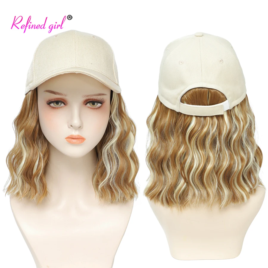 Short Hat Wig Baseball Cap with Natural Wave Hair Extensions Synthetic Wig for Women Adjustable White Black Pink Baseball Wig