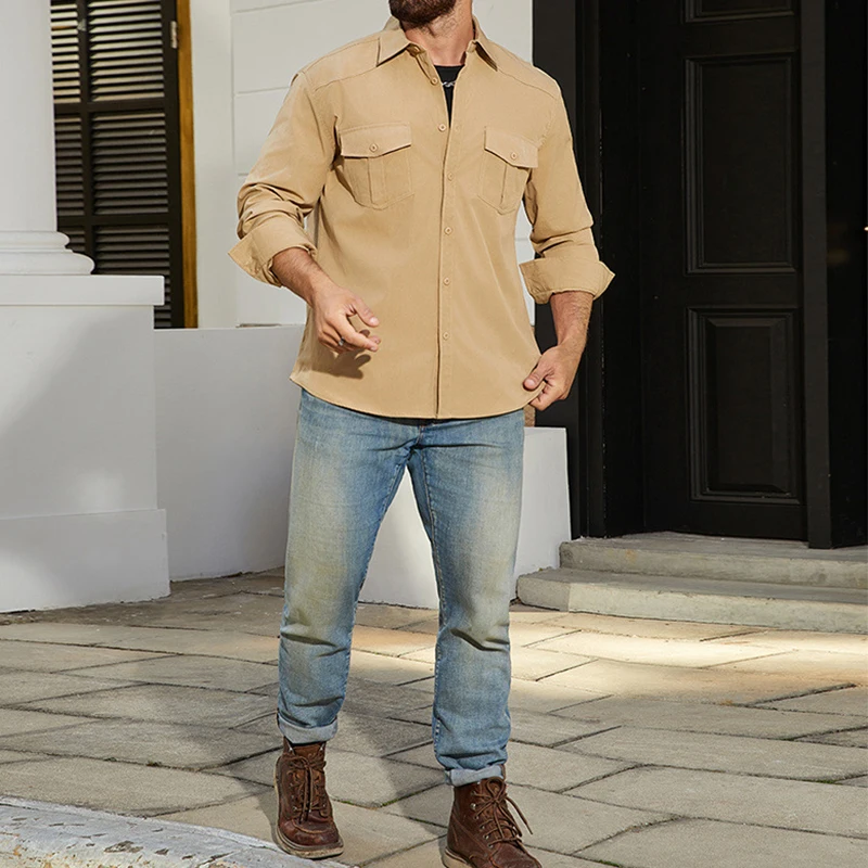 

2025 Spring Autumn Outdoor Casual Mens Shirt Solid Color Long Sleeve Pockets Cargo Shirts Men Fashion Buttoned Lapel Cardigans