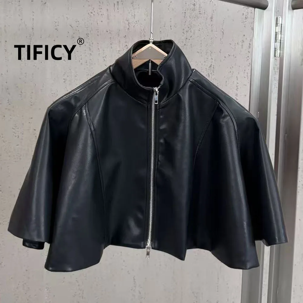 High Street Autumn Black Stand Up Collar Cape with Ruffled PU Leather Jacket Women's Short Zipper Motorcycle Trench Coat