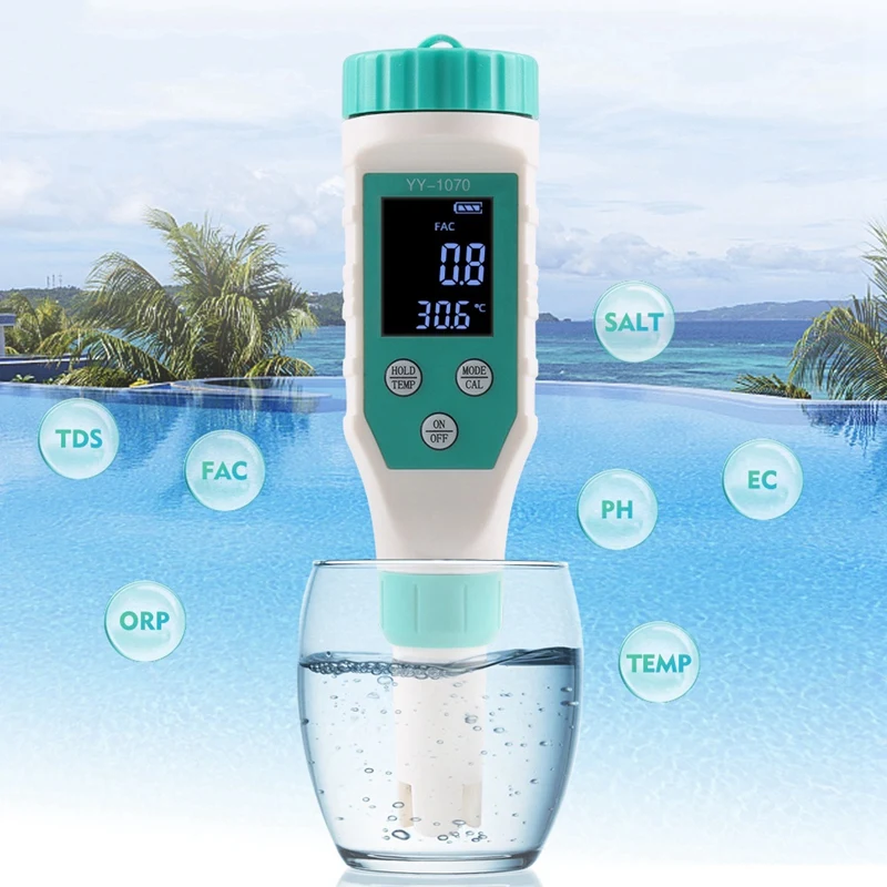 7-In-1 PH/Free Chlorine/ORP/EC/TDS/Salinity/Temp Water Quality Analyzer PH Meter Pool Salt Tester For Aquarium