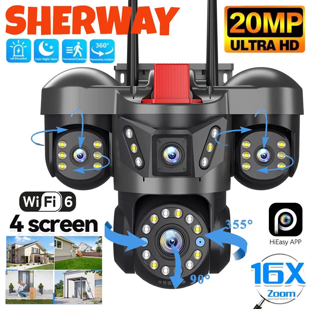 

20MP 4 объектива домашней безопасности Wi-Fi камера уличная 10K беспроводная 4 экрана 16X Zoom PTZ 360 ° Камеры наблюдения Автоматическое обнаружение движения