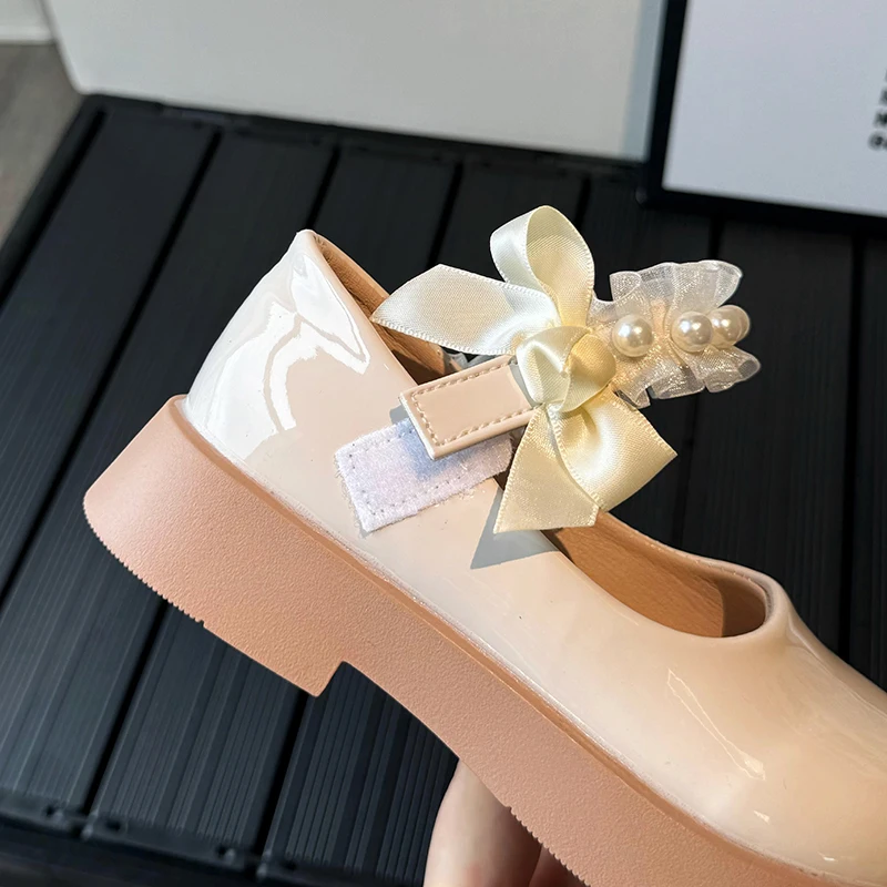 Girls Leather Shoes Beige Pearl Bow Daily Girls Single Shoes 3-16 Years Old Black Hundred with Non-slip Children\'s Kids Shoes