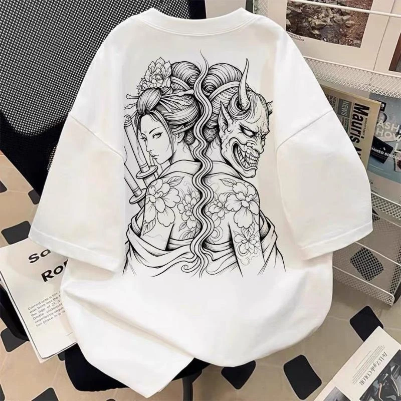 Japanese Irezumi Tattoo Tee Geisha and Hannya Mask Floral Sword Print Harajuku Aesthetic Loose Oversized Short Sleeve T Shirt