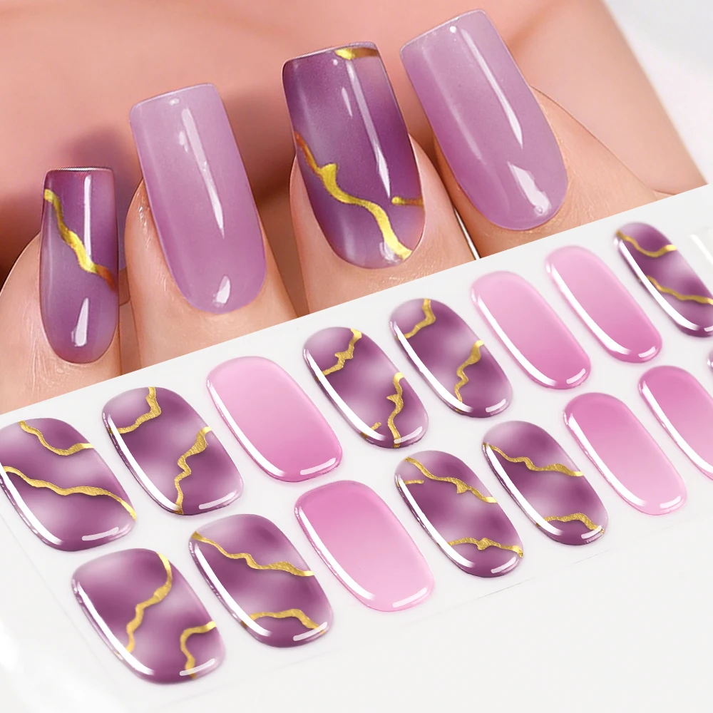 1sheet/16tips Purple Marble Baking Free Nail UV Gel Full Wraps Gold French Lines Gradient Nail Stickers Adhesive Nails Decals %7