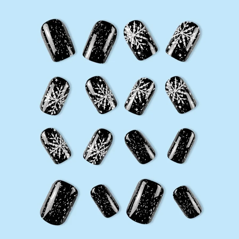 Pressione em acrílico unhas falsas com cola, simples unhas falsas, Natal, preto, branco, floco de neve, curto, quadrado médio, barato, 24pcs