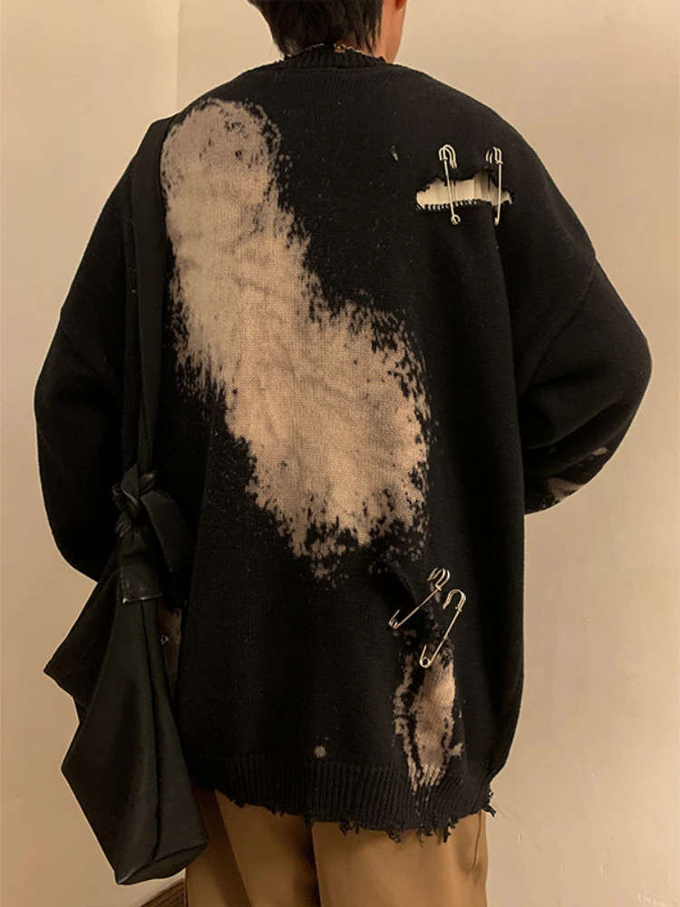 Suéter para hombre, ropa de punto, ropa de calle holgada Y2k para adolescentes, temperamento americano, diseño rasgado, Unisex, Hipster Chic, informal