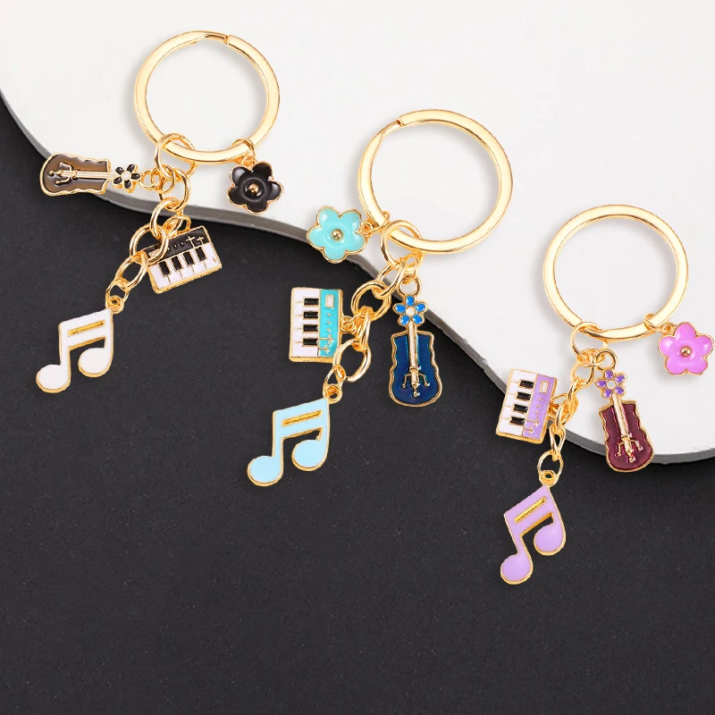 Cute Mini Piano Guitar Flower Key Chains Retro Musical Instrument Keyring for Women Men Handbag Earphone Case Pendant DIY Gifts