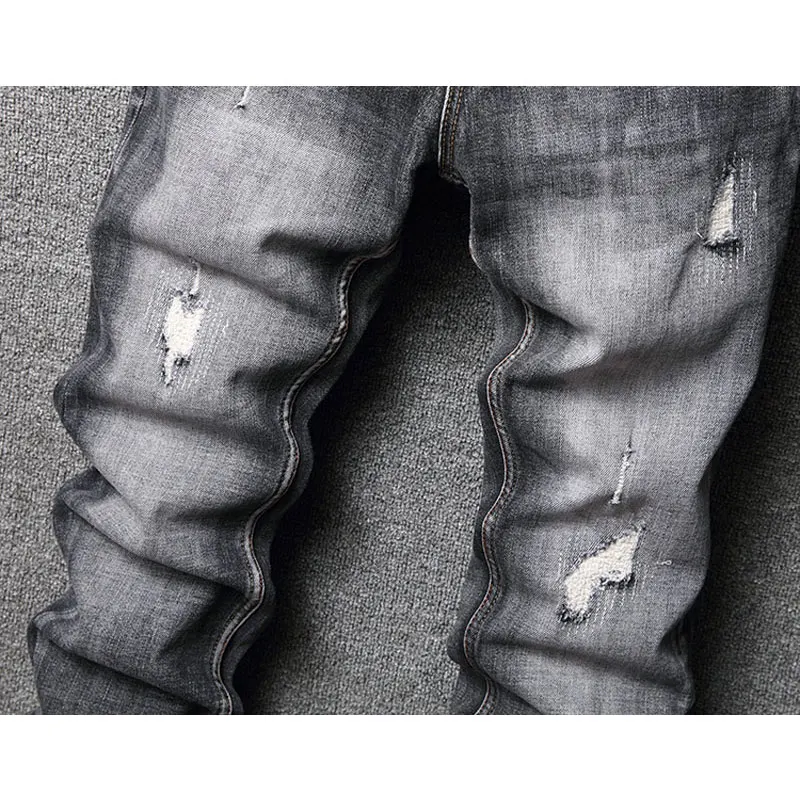 Fashion Designer Men Jeans High Quality Retro Black Gray Stretch Slim Fit Ripped Jeans Men Italian Style Vintage Denim Pants