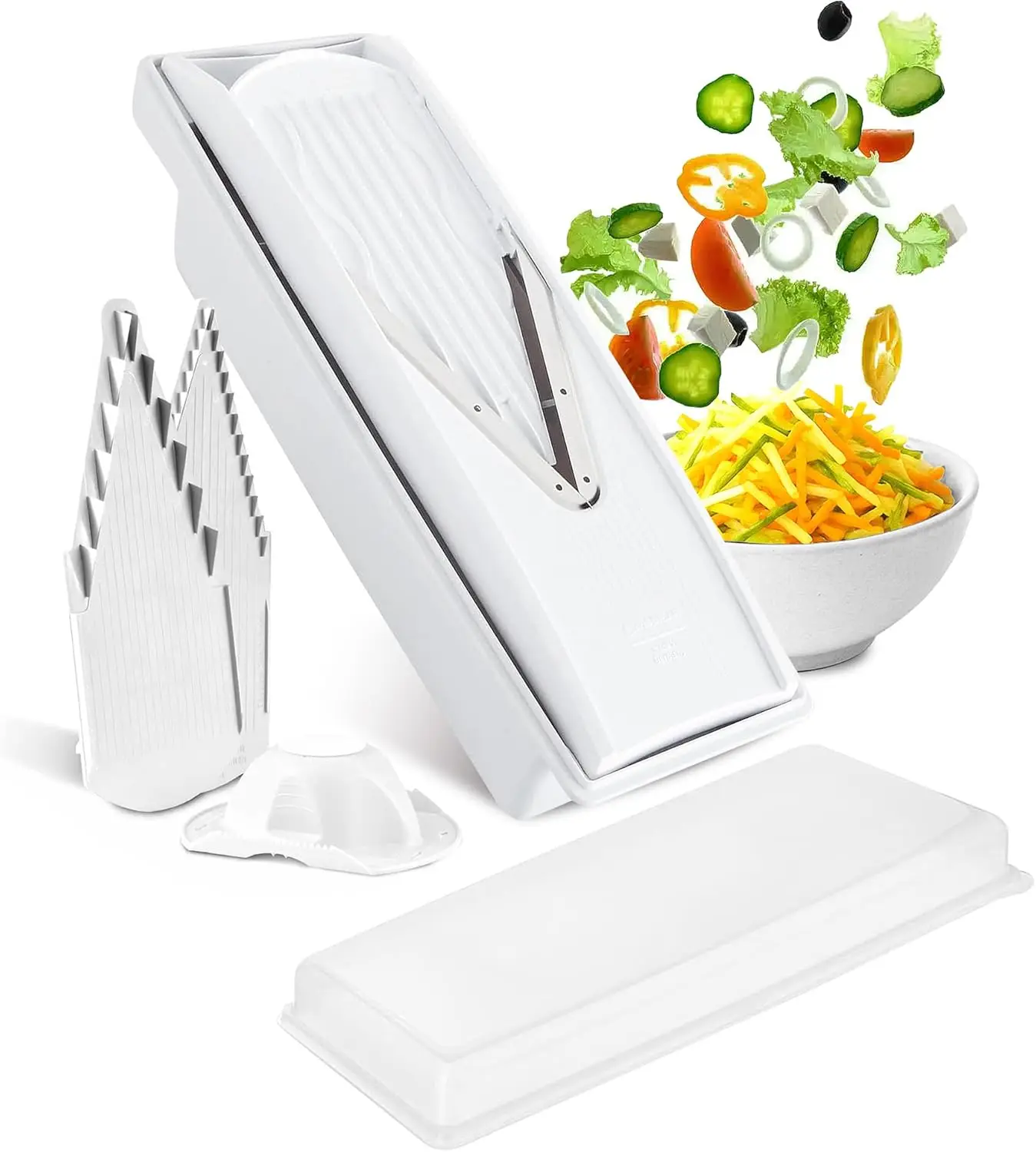 

Versatile Kitchen Mandoline Slicer for Julienne, Shred, Cube & Slice with Multi-Function Bowl and Safety Holder - White
