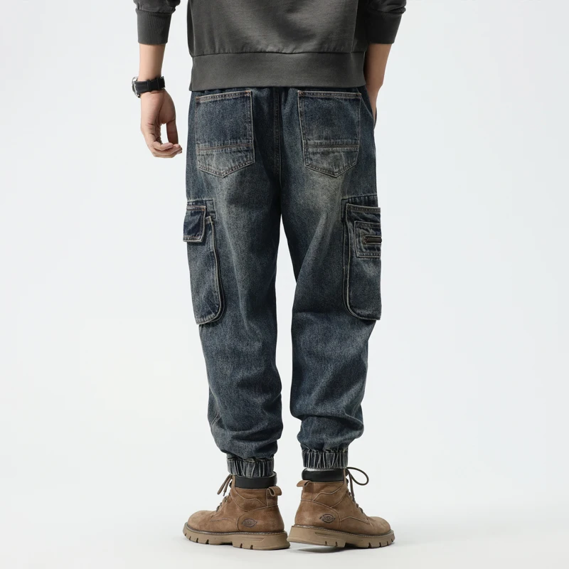 Jeans Kargo Longgar Gaya Jalanan Tinggi Dicuci Retro Musim Gugur Pria Celana Kasual Pakaian Kerja Ukuran Besar Kaki Meruncing Amerika Trendi