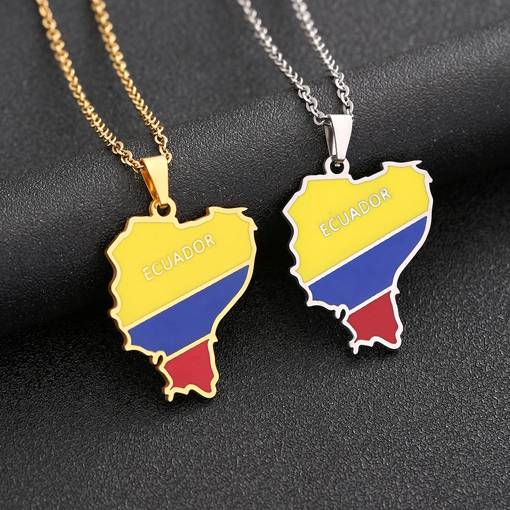 República del Ecuador Map Flag Pendant Necklace Gold/Silver Color Men Women Ethnic Map Stainless Steel Jewelry Gift