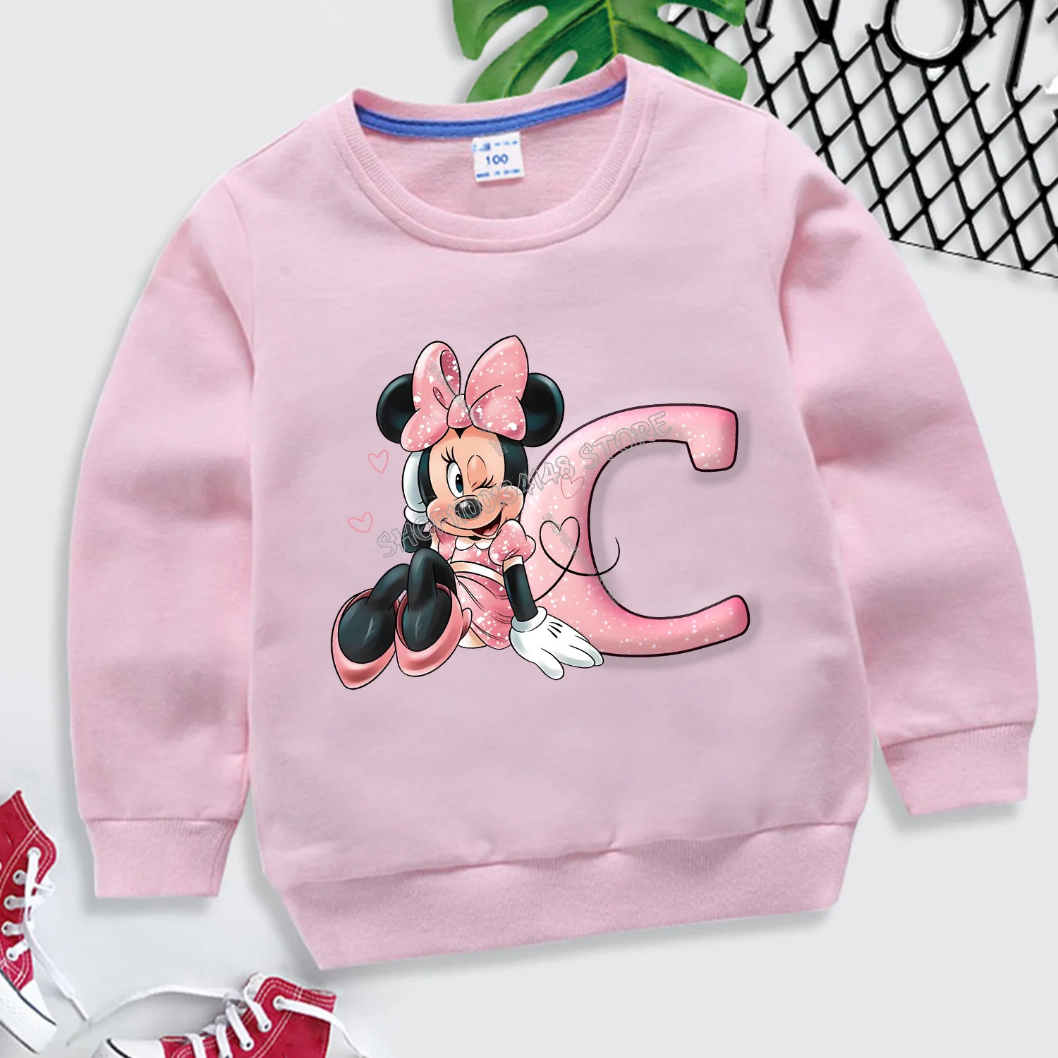 Disney Minnie Mouse Hoodie สําหรับเด็ก A-Z Letter การ์ตูนเสื้อกันหนาวแฟชั่นสาวแขนยาวผ้าฝ้าย Caftan รอบคอเสื้อผ้า