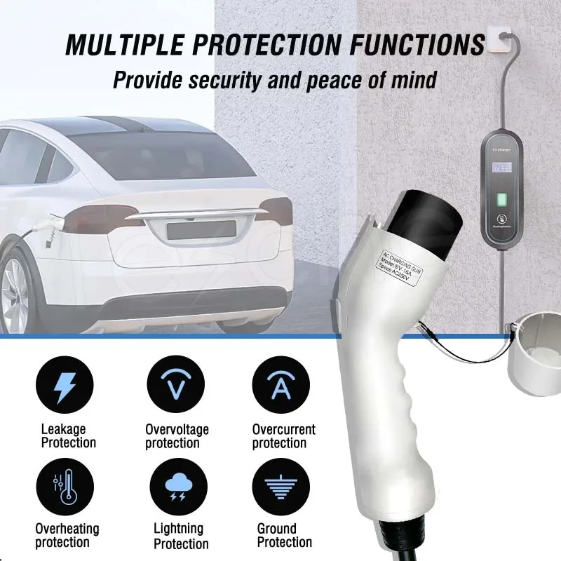 Teschev 220V 3.5KW Portable EV Charger Type2 Fast Charge J1772 Type 1 Charging Cable 10A 16A Adjustable Current GBT EV Charger