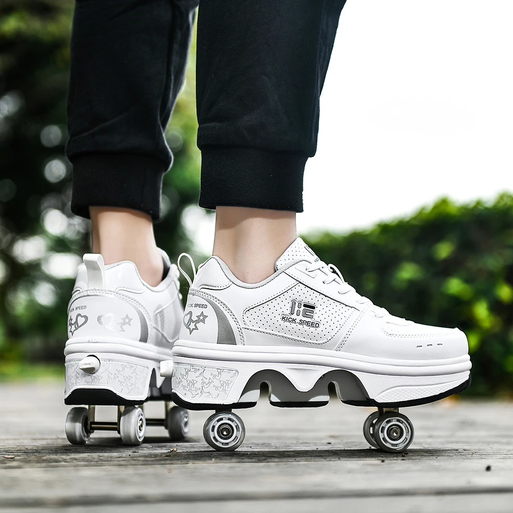 Roller Skates Shoes Casual Sneakers Walk Roller Skates Deform Runaway 4-Wheel Skates Adults Unisex Roller Skates with 4 Wheels