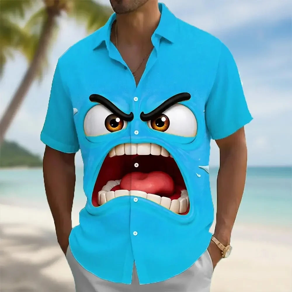 Creative Three-dimensional, Exaggerated Big Mouth Emoji Package Printed Shirt Men's Loose and Versatile Top