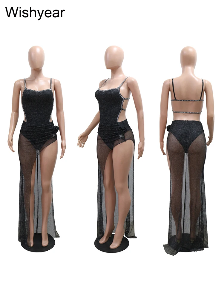 Luxury Rhinestones Bodysuits Tops Two 2 Piece Skirt Set Womwn Summer Sexy Mesh See-Through Hollow Out Night Club Birthday Outfit