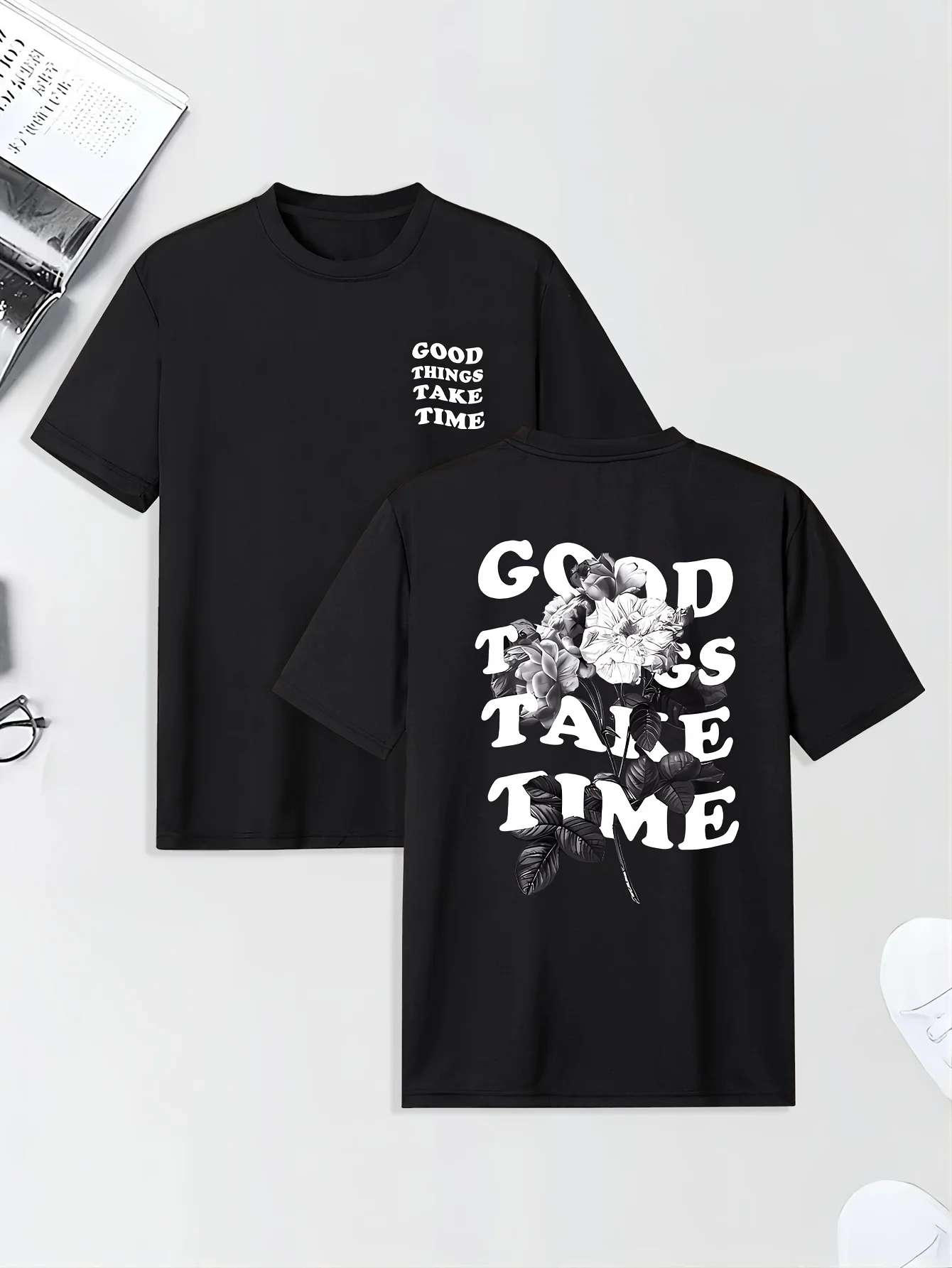 Good Things Take Time Print Short Sleeve T-Shirts Men's Women Top Tee Streetwear Casual Trendy Oversized Loose Unisex All-season