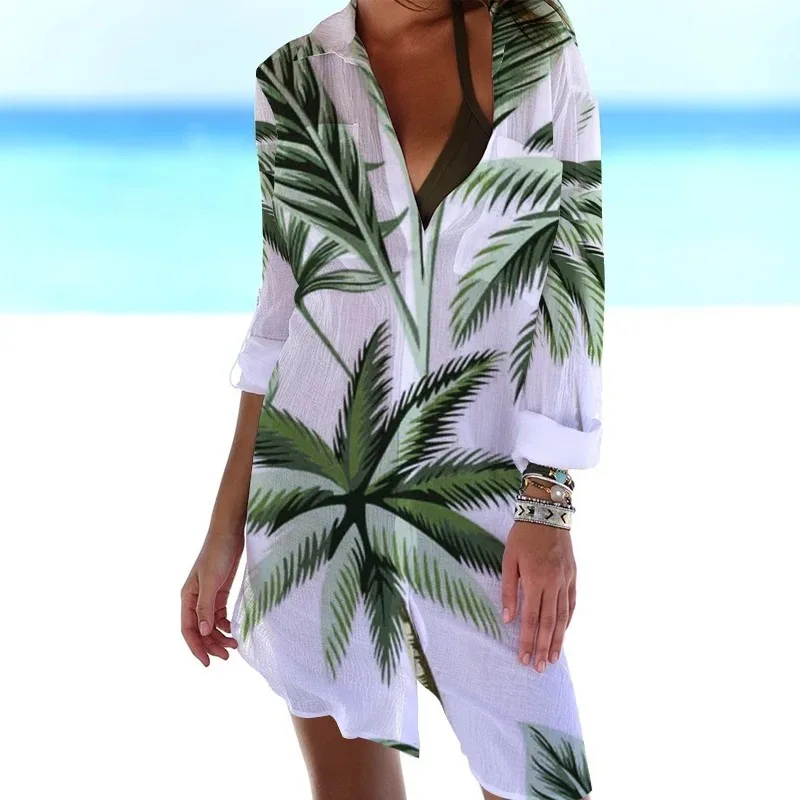 

New casual and fashionable coconut tree print design, loose and versatile shirt, women's coat, mid length top
