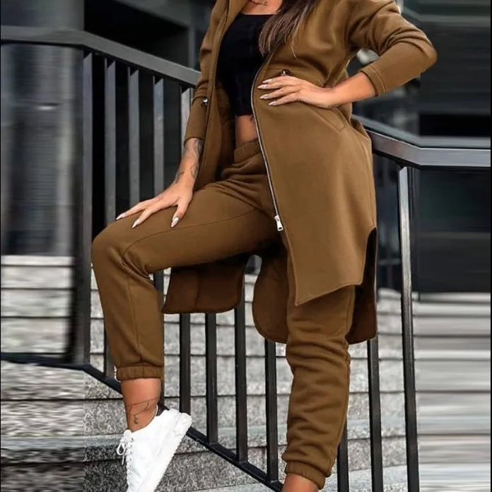 

Women's 3 Piece Brown Outfit Long Coat Crop Top High Waist Jogger Pants Set Casual Streetwear Fashion Loose Fit Comfortable