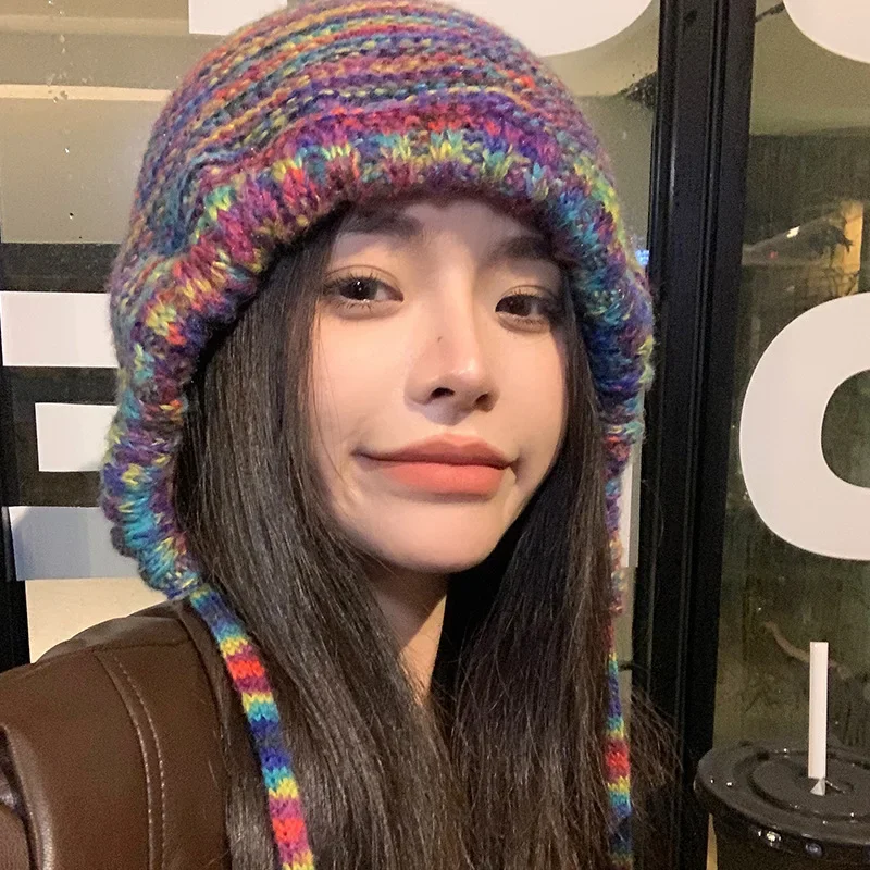 Winter Gradient Rainbow Knitted Hat for Keeping Warm Student Baotou Hat for Cold Protection Straightened Knitted Hat