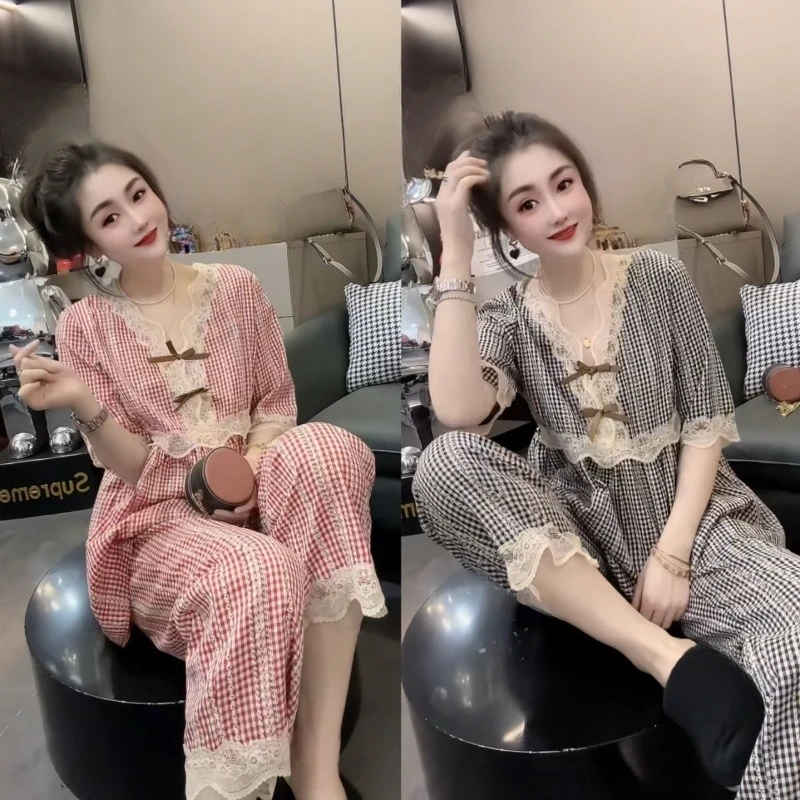 New Style Summertime Lattice Female Pajamas Large Size Loose Lace Loungewear Sweet Princess Lace Suit Pijamas Women