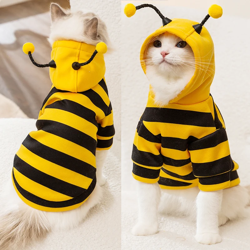 Funny Pet Cat Costume Hooded Stripe Cat Hoodies for Cats Kitten, Easter Halloween Bee Dress Up Party Outfit Cat Clothes