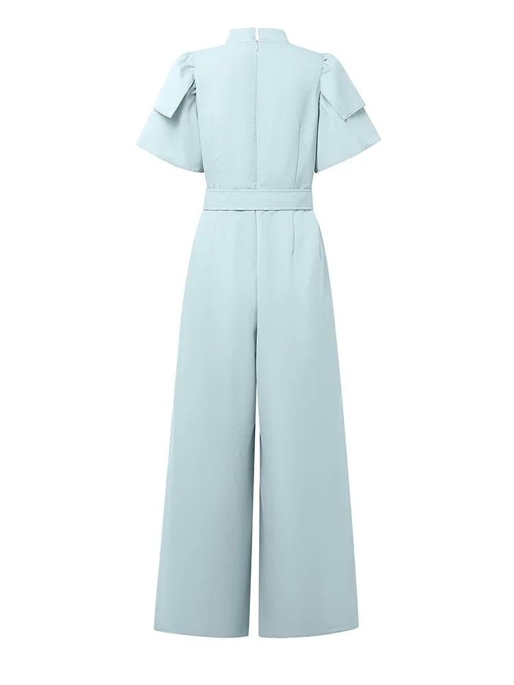 

ZANZEA 2022, элегантные летние офисные длинные комбинезоны с воротником-стойкой и поясом, вечерние комбинезоны, модные однотонные повседневные брюки с короткими рукавами и рюшами