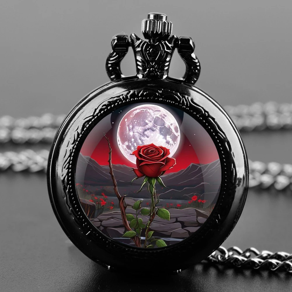 Moonlight Rose-reloj de bolsillo de cuarzo con diseño de cúpula de cristal para hombre y mujer, cadena con colgante, números árabes, regalos para niños