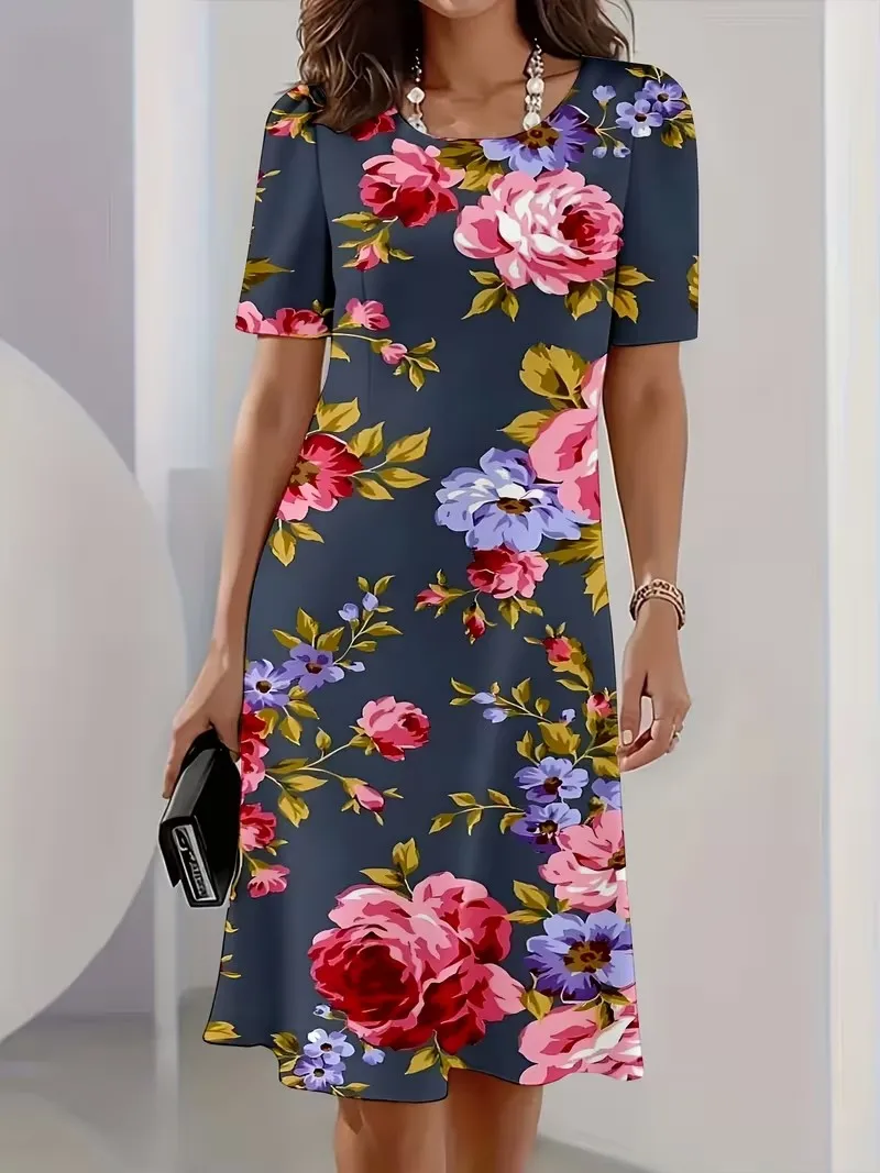 

Vintage Floral Print short sleeve dress for Women Summer Beach Dress Women Sundress