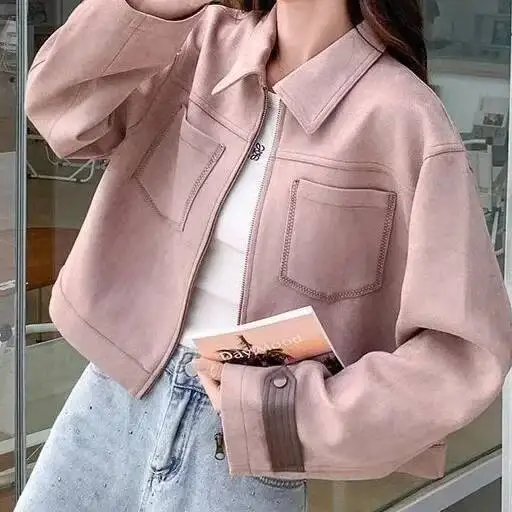 핑크 스위트 숏 재킷 여성용 봄 캐주얼 쿨 디자인 센스 올매치 아미노 섬유 청바지 코트 레귤러 스타일 중국산