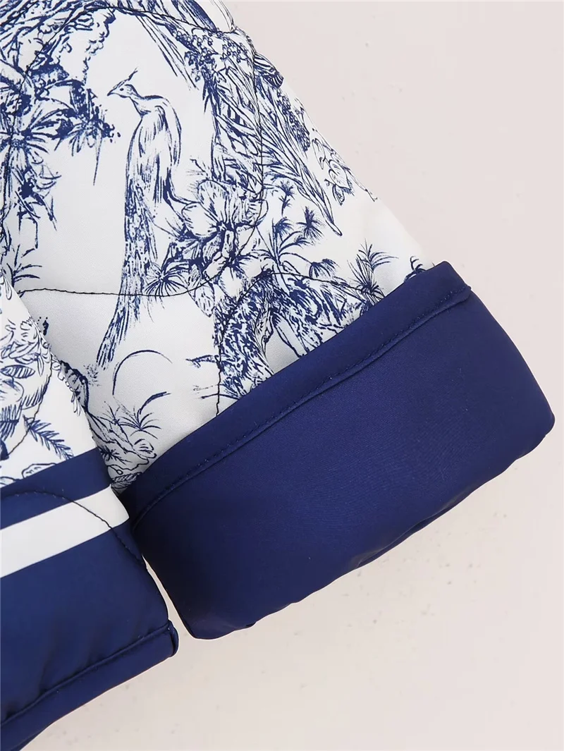 Imagem -06 - Jaqueta de Algodão Estampado Azul Feminina Jaquetas de Bolso Quentes Femininas Outwear Extragrande Feminino Casual Rua Alta Outono Inverno 2023