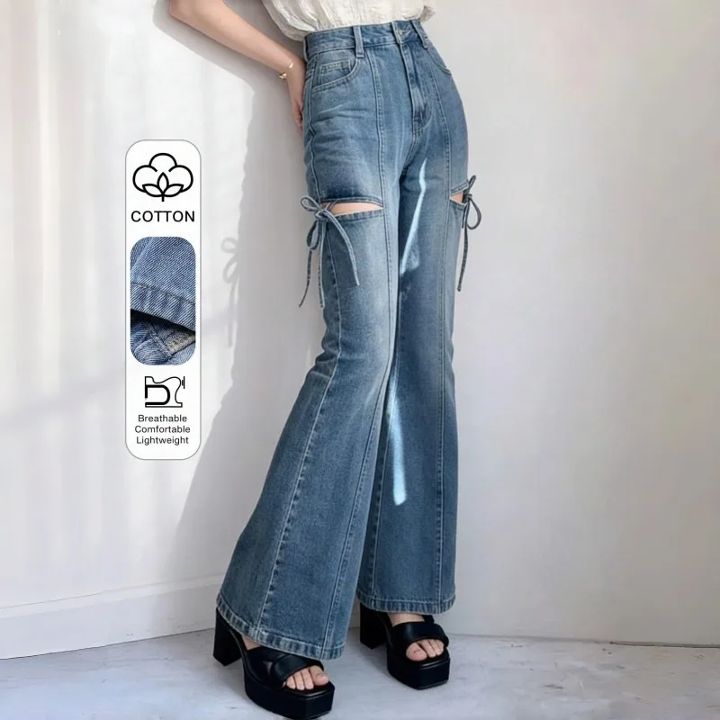 Women New Lace Up Hollow Out Flare Jeans Fashion High Waist Slim Fit Denim Pants Casual Stylish Long Trousers For Ladies