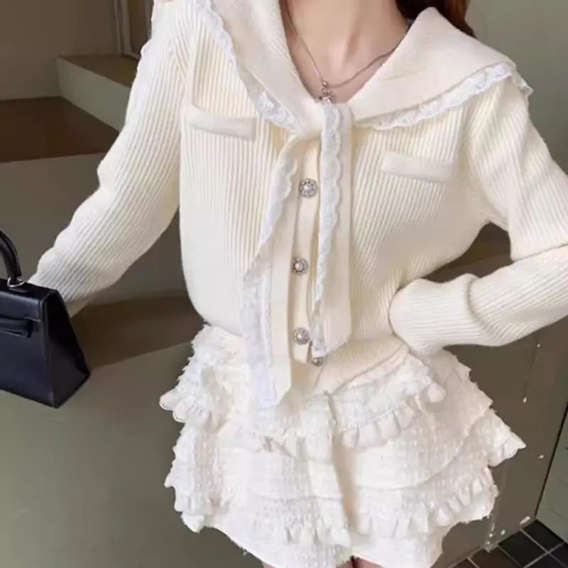

Французский кружевной свитер на осень и зиму, новый дизайн, свитер с шалью и лацканами, женский кардиган, милая тонкая куртка для колледжа, уменьшение возраста